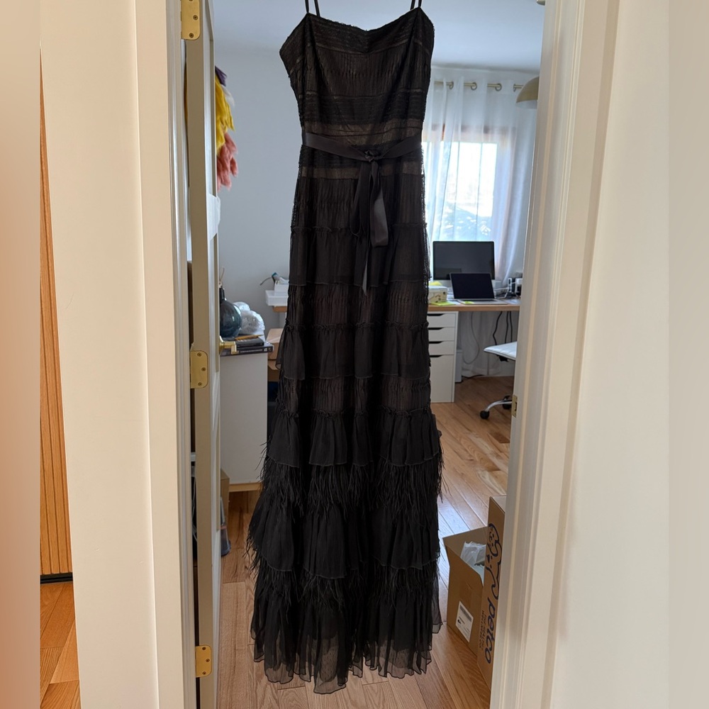 BCBGMaxAzria Black Tiered Feathered Formal Dress